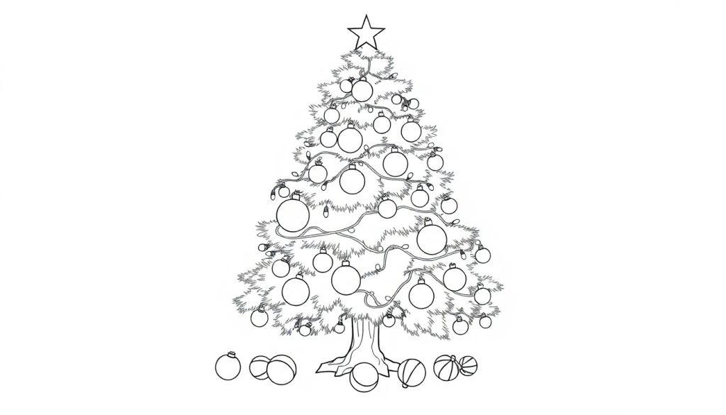 Schwarz-weiße Farbtafel-Skizze eines Weihnachtsbaums mit Kugeln und einer Lichterkette, bereit zum Ausmalen.