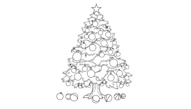 Schwarz-weiße Farbtafel-Skizze eines Weihnachtsbaums mit Kugeln und einer Lichterkette, bereit zum Ausmalen.