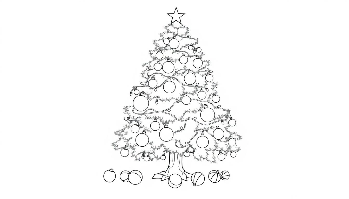 Schwarz-weiße Farbtafel-Skizze eines Weihnachtsbaums mit Kugeln und einer Lichterkette, bereit zum Ausmalen.