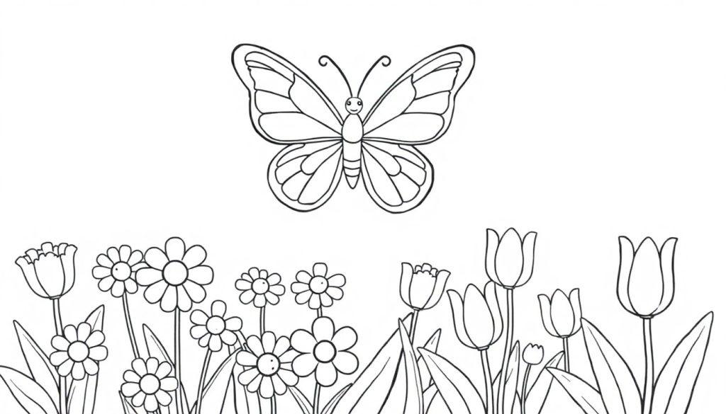 Schwarz-Weiß-Farbtafel eines lächelnden Schmetterlings über einem Blumenbeet mit Gänseblümchen und Tulpen.