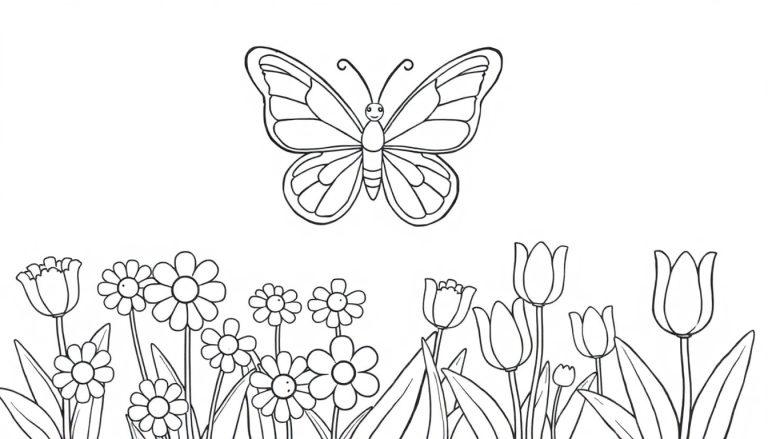 Schwarz-Weiß-Farbtafel eines lächelnden Schmetterlings über einem Blumenbeet mit Gänseblümchen und Tulpen.