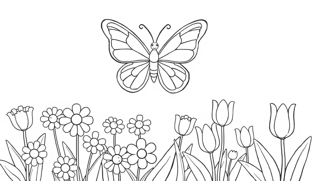 Schwarz-Weiß-Farbtafel eines lächelnden Schmetterlings über einem Blumenbeet mit Gänseblümchen und Tulpen.