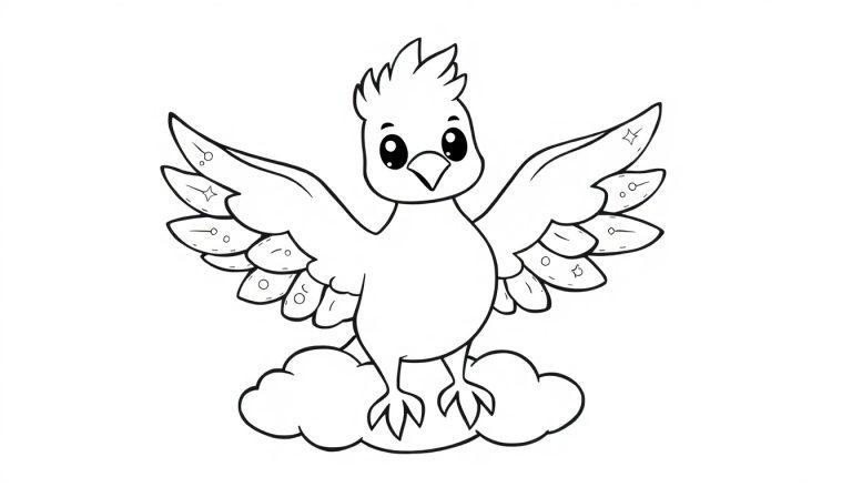 Ein niedlicher Cartoon-Vogel auf einer Wolke, bereit zum Ausmalen als Farbtafel.