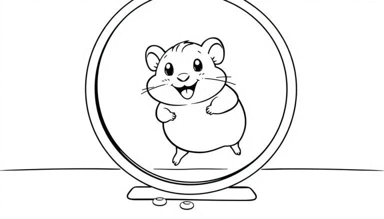 Eine Schwarz-Weiß-Farbtafel eines niedlichen Hamsters, der in seinem Laufrad läuft.