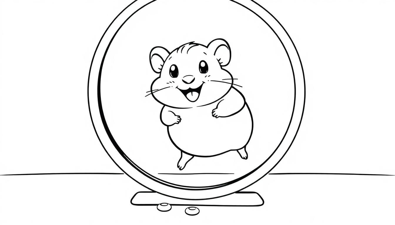 Eine Schwarz-Weiß-Farbtafel eines niedlichen Hamsters, der in seinem Laufrad läuft.