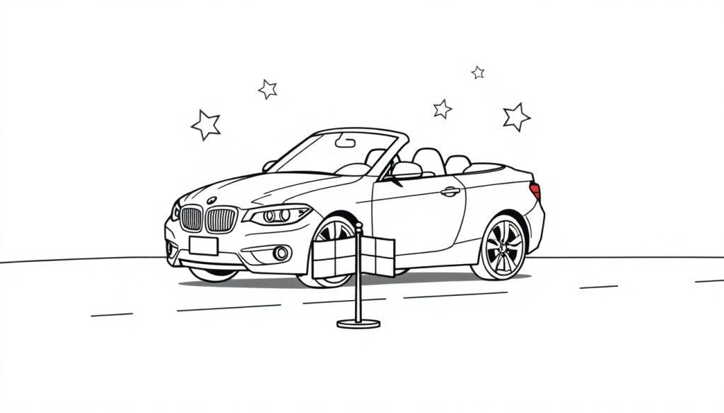 Farbtafel: Strichzeichnung eines BMW Cabrios auf einer Straße mit Sternen.