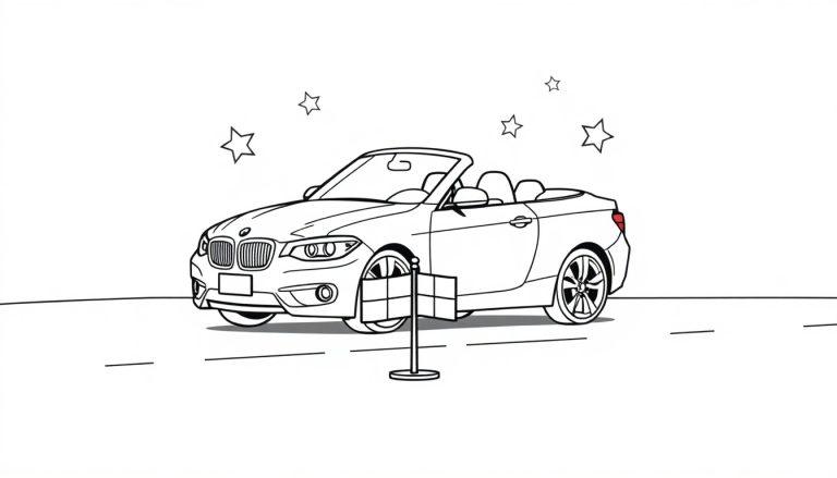 Farbtafel: Strichzeichnung eines BMW Cabrios auf einer Straße mit Sternen.