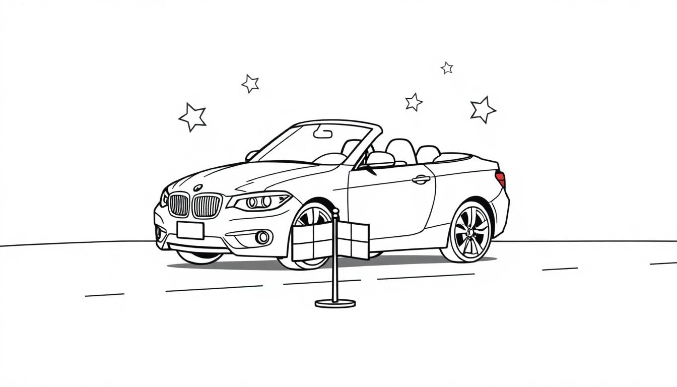 Farbtafel: Strichzeichnung eines BMW Cabrios auf einer Straße mit Sternen.
