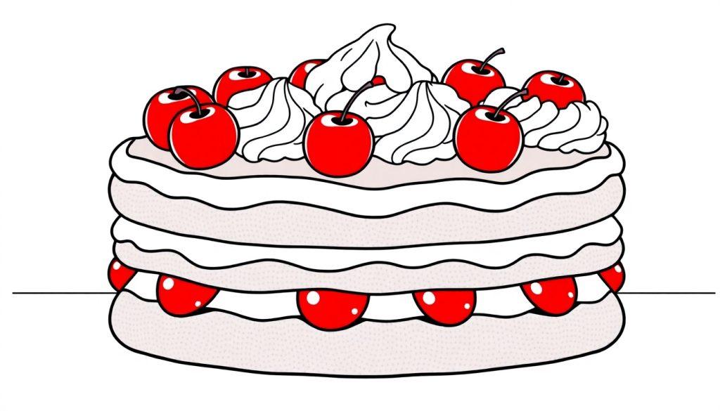 Schwarzweiß-Farbtafel einer dreistöckigen Schwarzwaldtorte mit Tupfen auf dem Kuchen, Sahne und Kirschen zum Ausmalen.