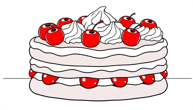 Schwarzweiß-Farbtafel einer dreistöckigen Schwarzwaldtorte mit Tupfen auf dem Kuchen, Sahne und Kirschen zum Ausmalen.