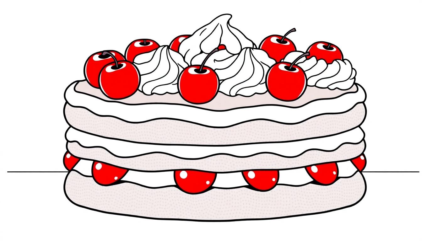 Schwarzweiß-Farbtafel einer dreistöckigen Schwarzwaldtorte mit Tupfen auf dem Kuchen, Sahne und Kirschen zum Ausmalen.