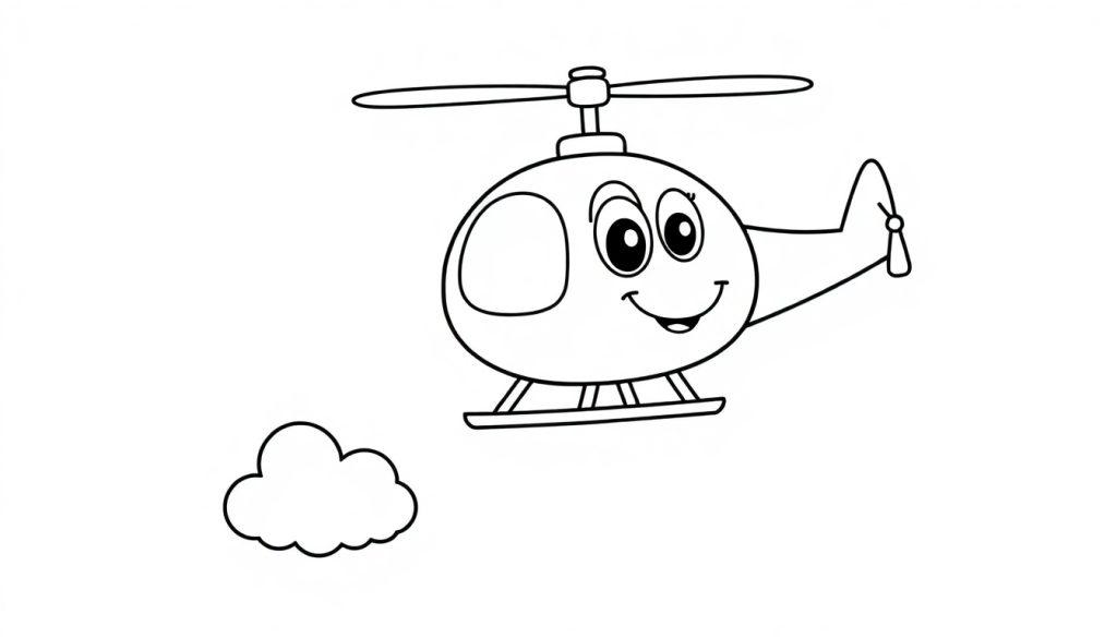 Eine Schwarzweiß-Farbtafel eines Cartoon-Hubschraubers mit einem lächelnden Gesicht, der über einer Wolke schwebt.
