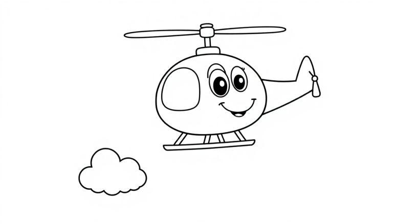 Eine Schwarzweiß-Farbtafel eines Cartoon-Hubschraubers mit einem lächelnden Gesicht, der über einer Wolke schwebt.