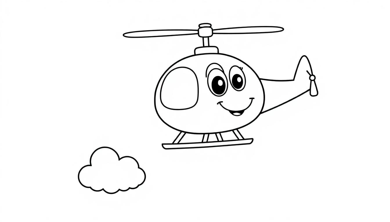 Eine Schwarzweiß-Farbtafel eines Cartoon-Hubschraubers mit einem lächelnden Gesicht, der über einer Wolke schwebt.
