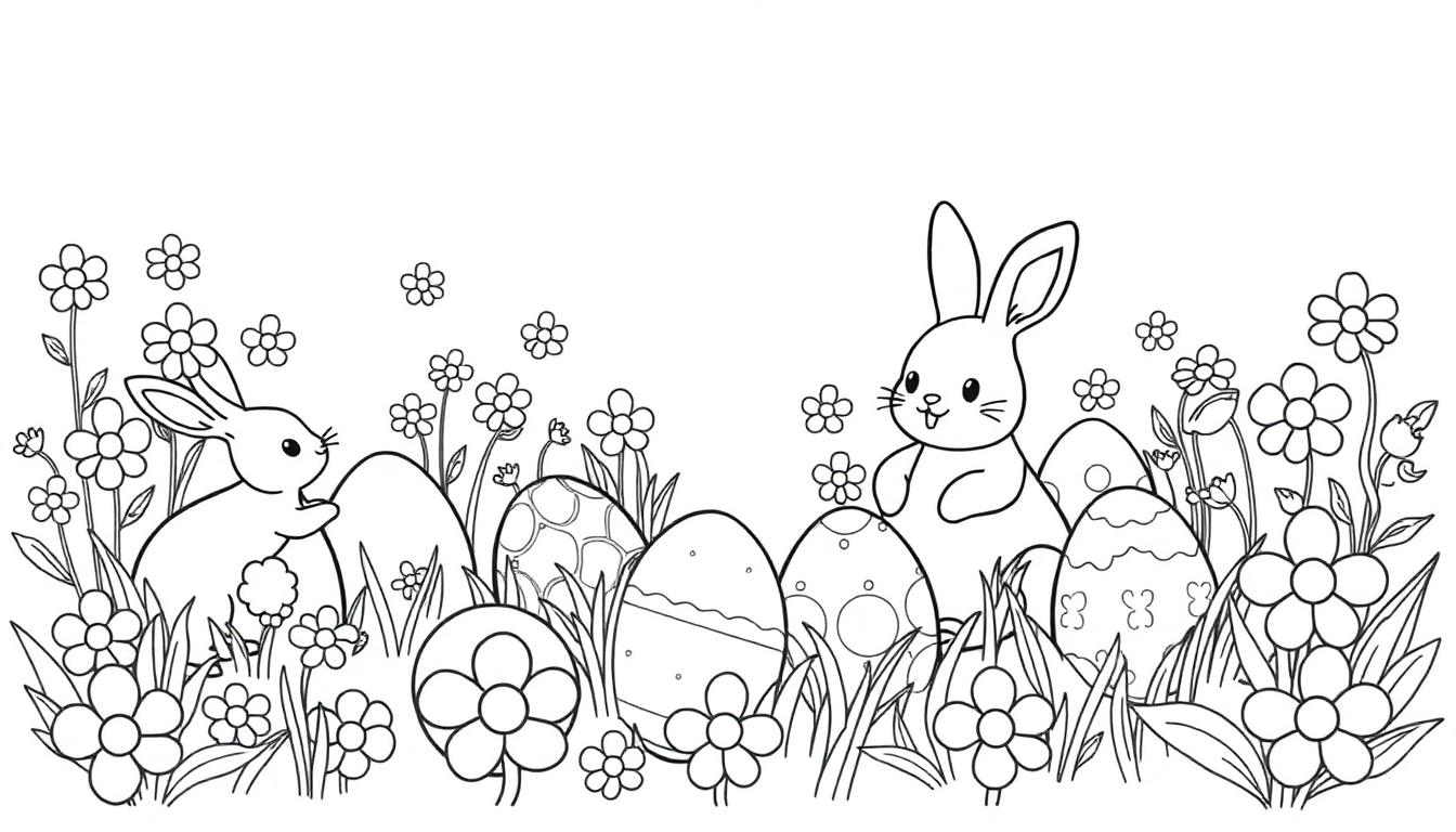 Schwarz-Weiß-Illustration von zwei süßen Kaninchen auf einer Frühlingswiese mit bunten Ostereiern und Blumen.