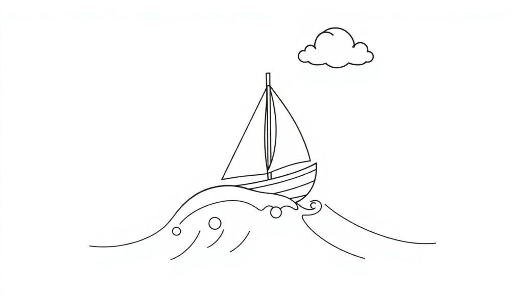Schwarz-Weiß-Farbtafel eines kleinen Segelboots auf einer großen Welle mit einer Wolke darüber.