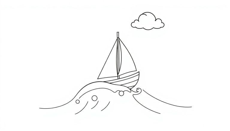 Schwarz-Weiß-Farbtafel eines kleinen Segelboots auf einer großen Welle mit einer Wolke darüber.