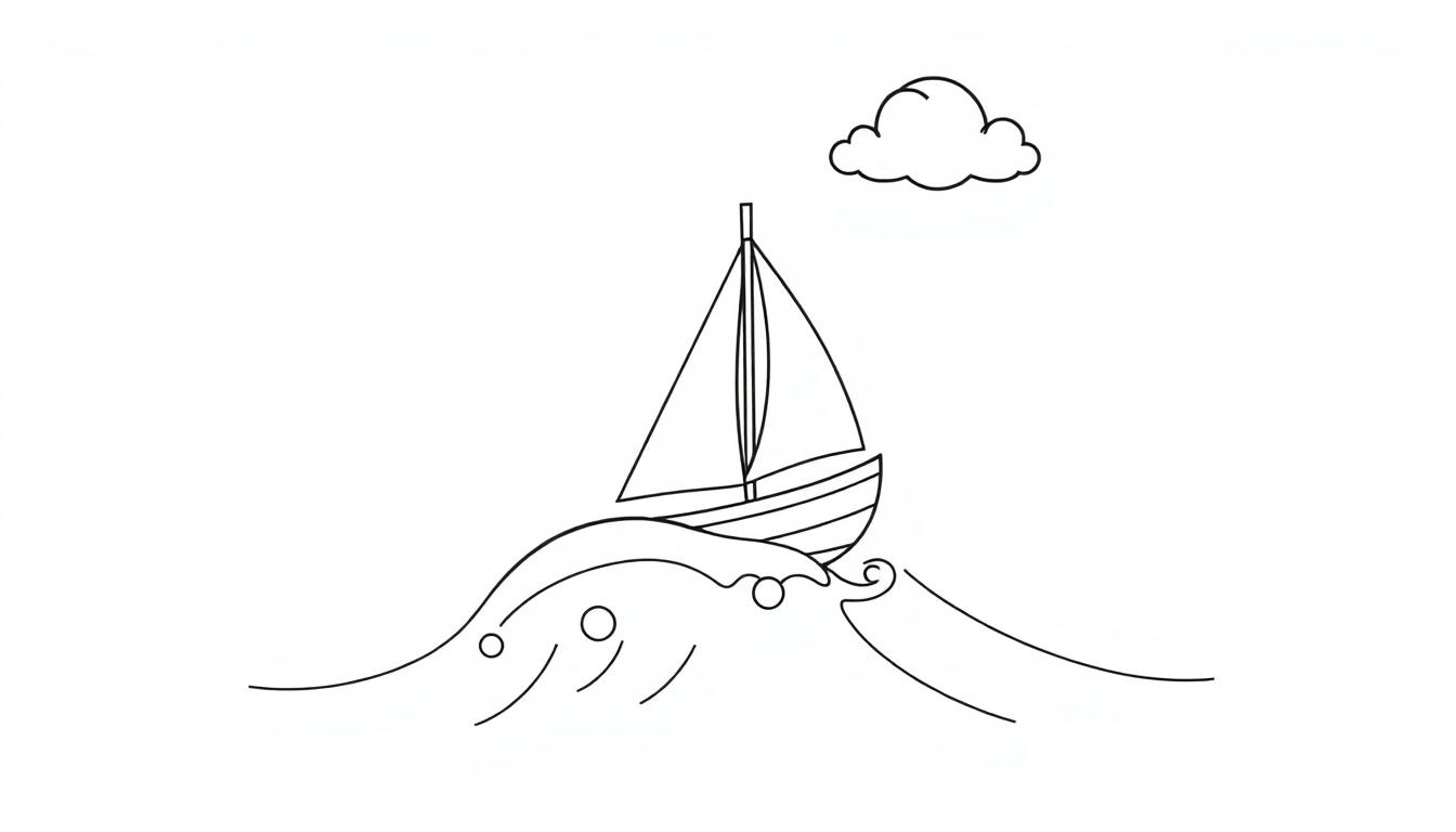 Schwarz-Weiß-Farbtafel eines kleinen Segelboots auf einer großen Welle mit einer Wolke darüber.