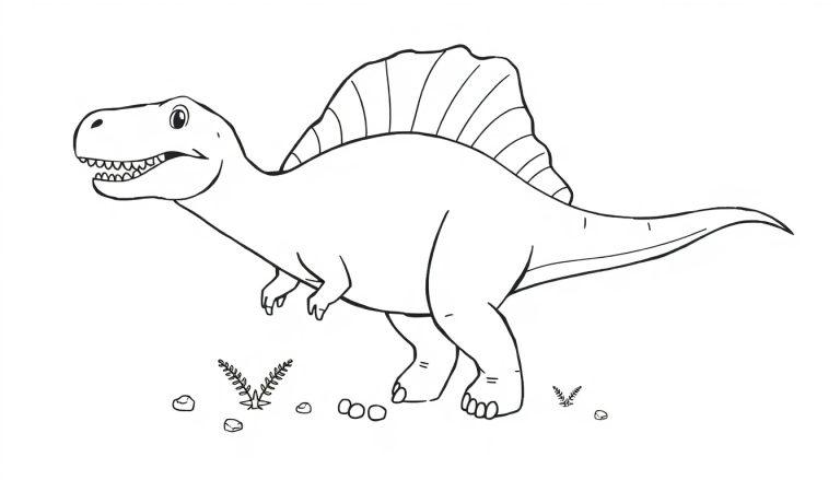 Eine Schwarz-Weiß-Farbtafel eines freundlichen Spinosaurus mit einem großen Rückensegel.