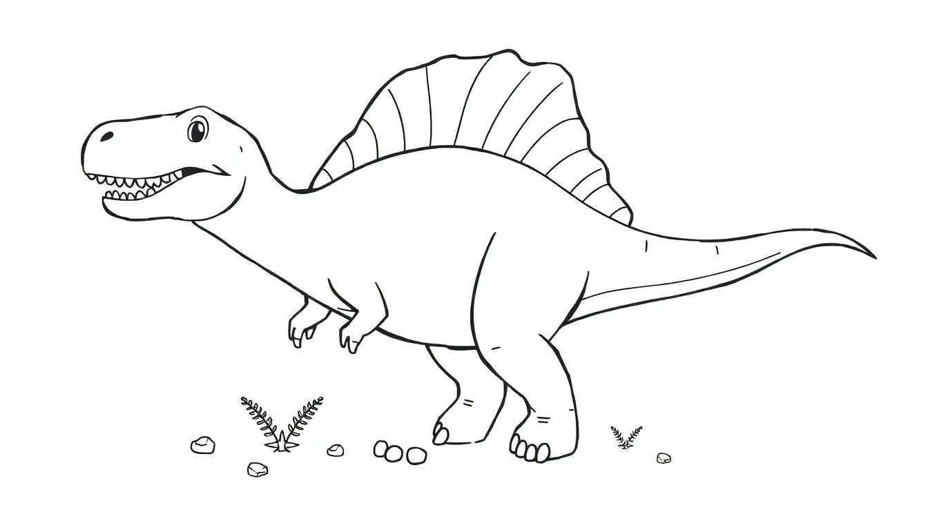 Eine Schwarz-Weiß-Farbtafel eines freundlichen Spinosaurus mit einem großen Rückensegel.