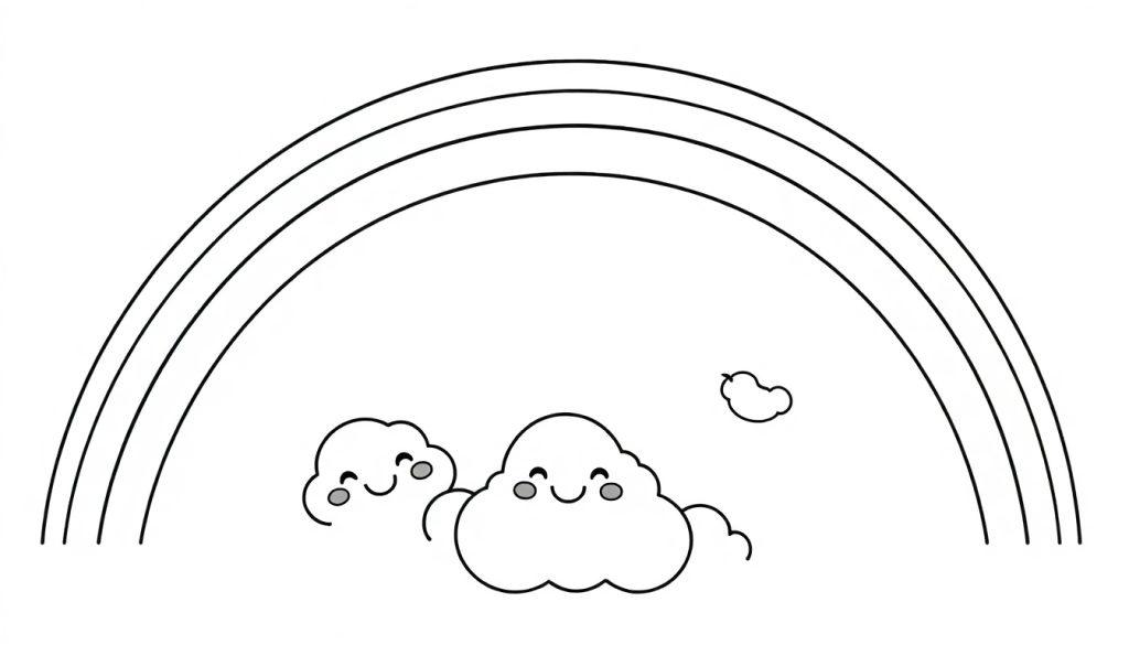Schwarz-weiße Farbtafel eines fröhlichen Regenbogens mit drei Linien und drei lächelnden Wolken.