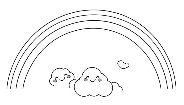 Schwarz-weiße Farbtafel eines fröhlichen Regenbogens mit drei Linien und drei lächelnden Wolken.