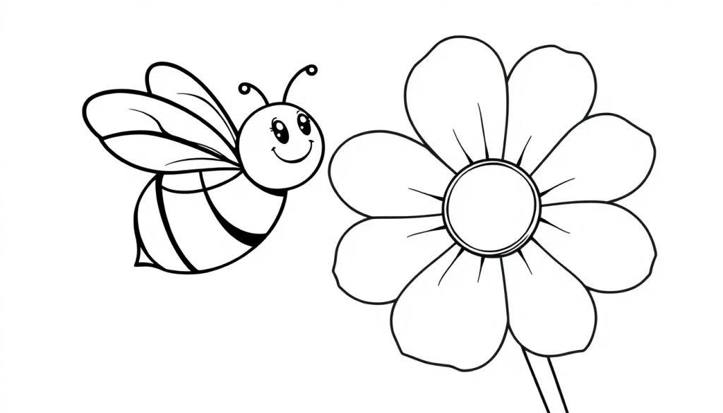 Farbtafel: Eine fröhliche Biene fliegt zu einer bunten Blume.