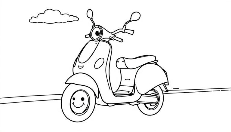 Niedlicher Cartoon-Motorroller mit Smiley-Rädern als Farbtafel.