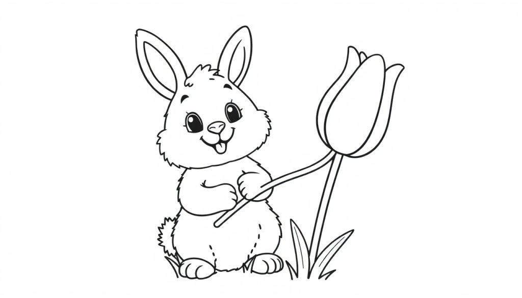Schwarz-weiß Farbtafel: Ein niedlicher Cartoon-Hase hält eine Tulpe.