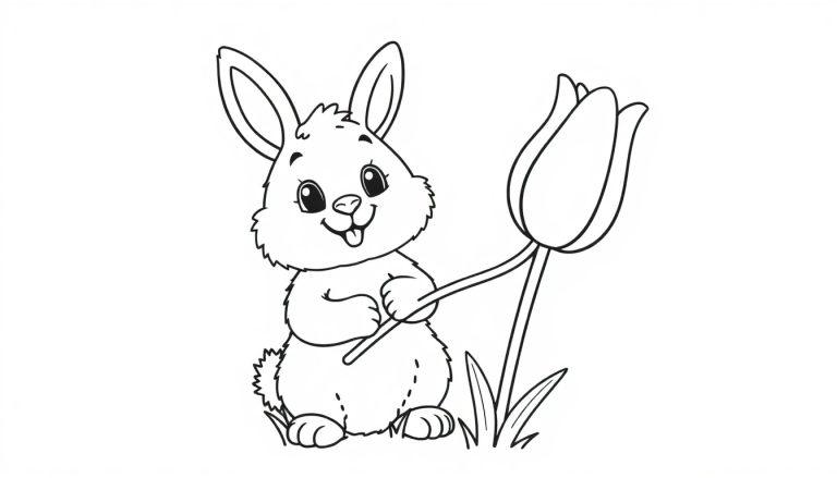 Schwarz-weiß Farbtafel: Ein niedlicher Cartoon-Hase hält eine Tulpe.