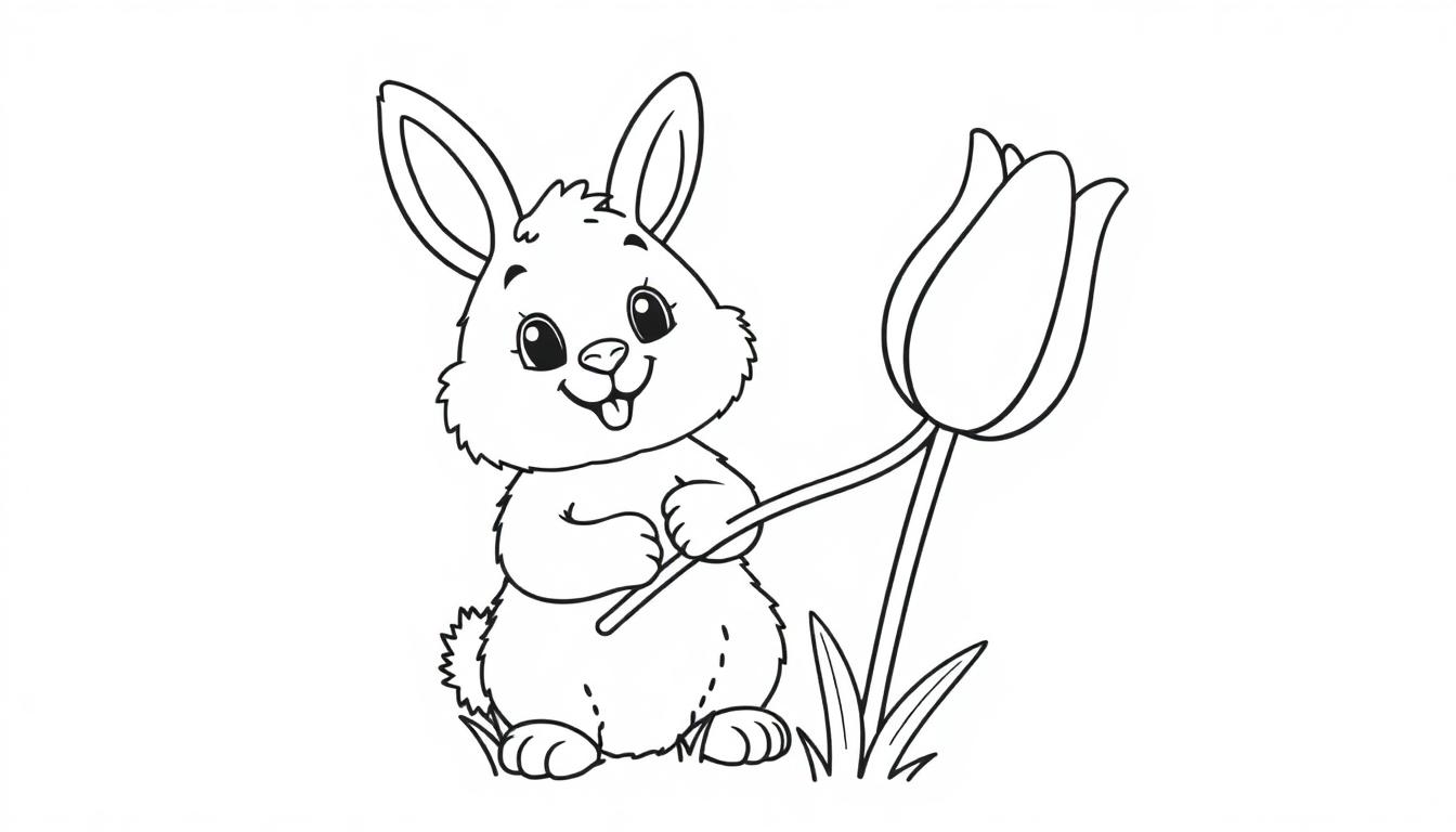 Schwarz-weiß Farbtafel: Ein niedlicher Cartoon-Hase hält eine Tulpe.