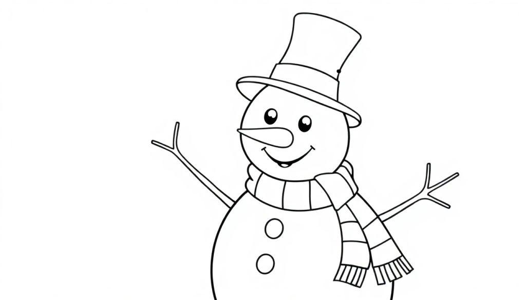 Schwarz-weißer Schneemann mit Hut und Karottennase, bereit zum Ausmalen, eine Farbtafel.