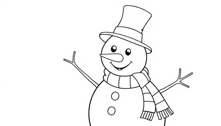Schwarz-weißer Schneemann mit Hut und Karottennase, bereit zum Ausmalen, eine Farbtafel.