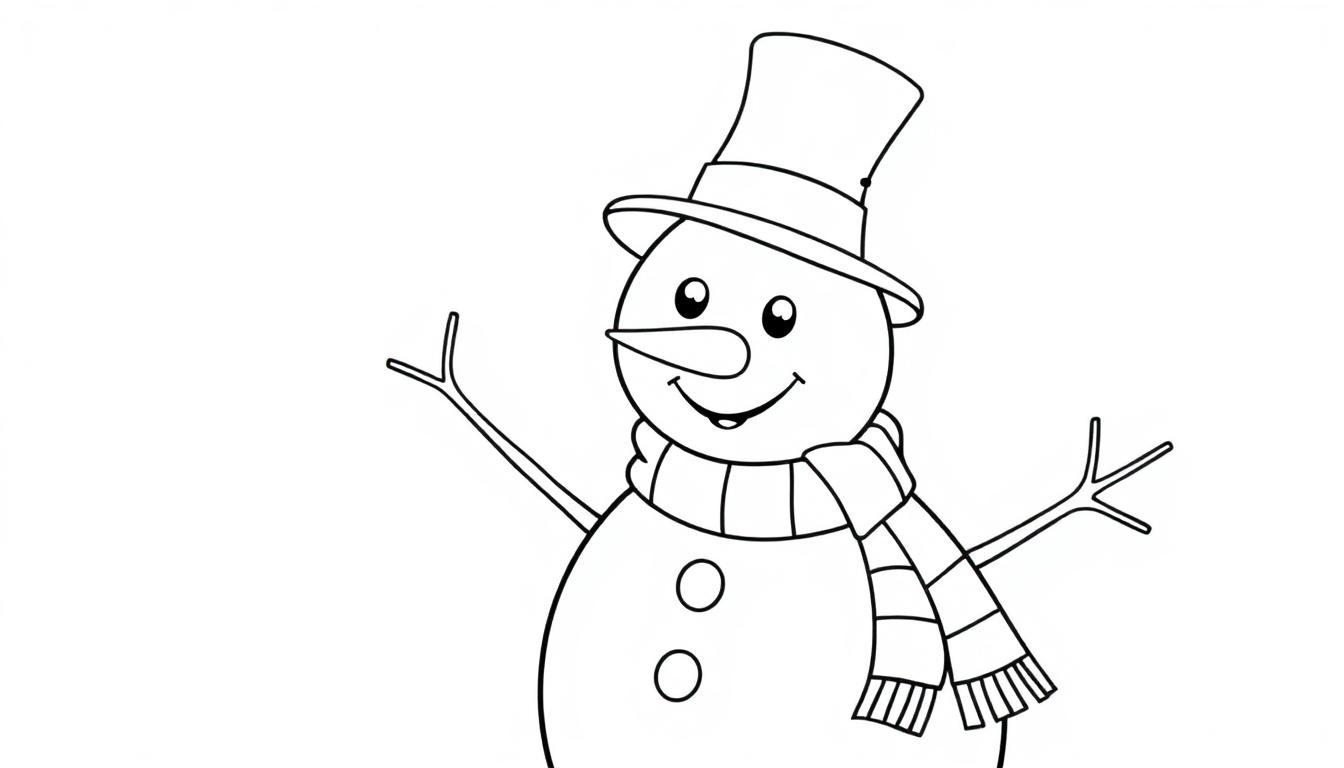 Schwarz-weißer Schneemann mit Hut und Karottennase, bereit zum Ausmalen, eine Farbtafel.