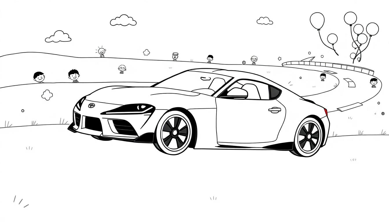 Eine schwarz-weiße Cartoon-Zeichnung eines Toyota Supra mit dick umrandeten Linien.