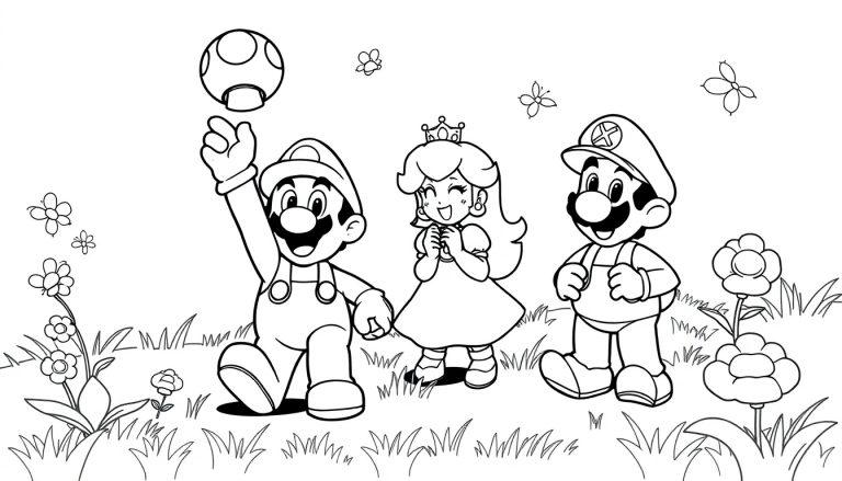 Schwarzweiß-Farbtafel-Zeichnung von Mario, Prinzessin Peach und einem weiteren Mario, die in einer grasbewachsenen Landschaft spielen.