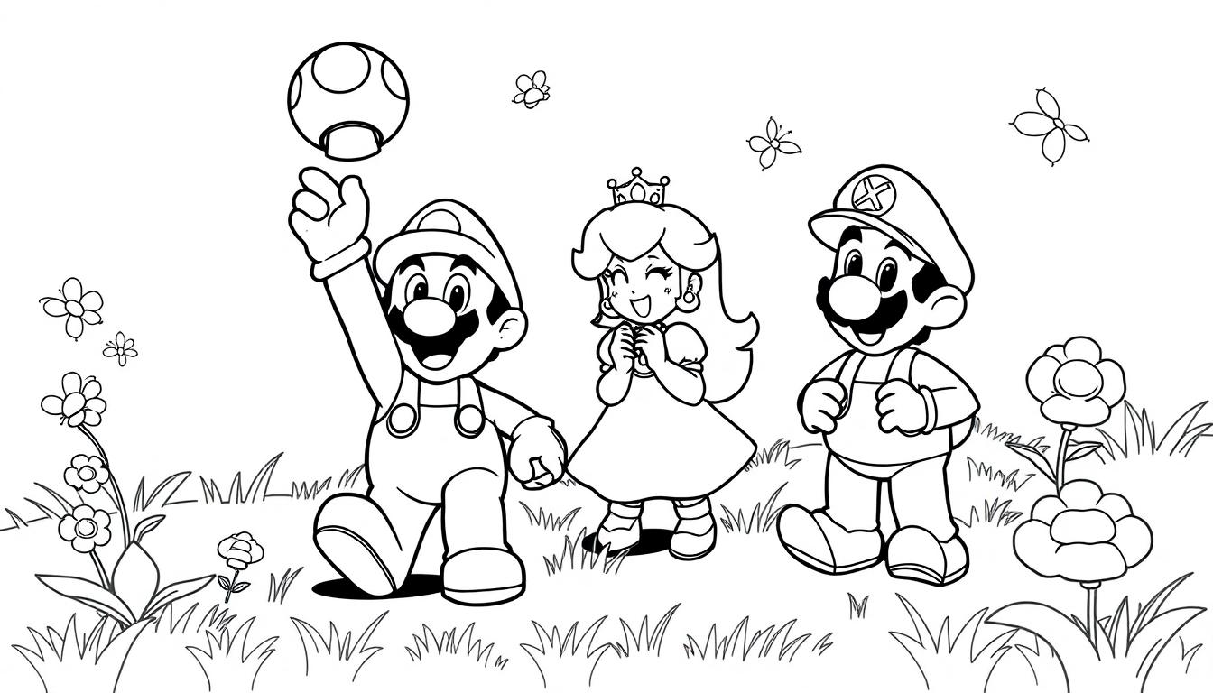 Schwarzweiß-Farbtafel-Zeichnung von Mario, Prinzessin Peach und einem weiteren Mario, die in einer grasbewachsenen Landschaft spielen.