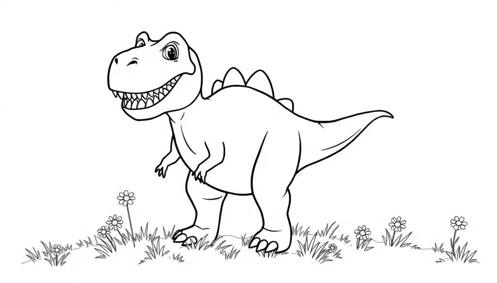 Schwarz-Weiß-Farbtafel eines freundlichen Tyrannosaurus Rex auf einer Wiese.