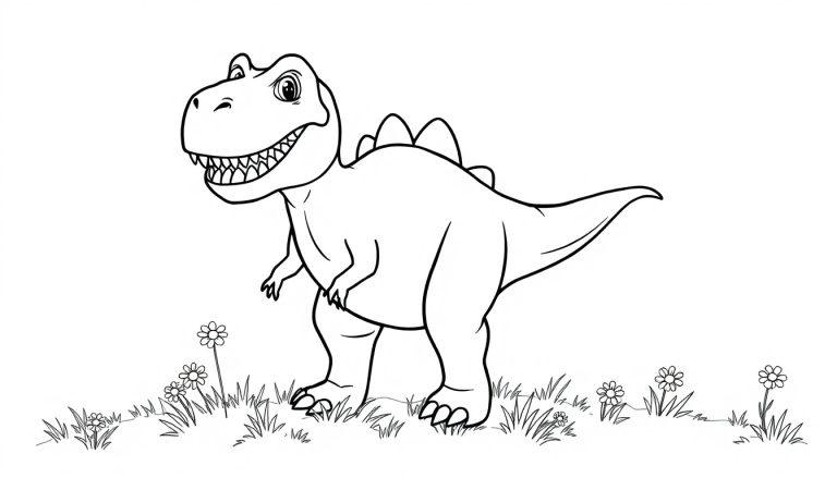 Schwarz-Weiß-Farbtafel eines freundlichen Tyrannosaurus Rex auf einer Wiese.