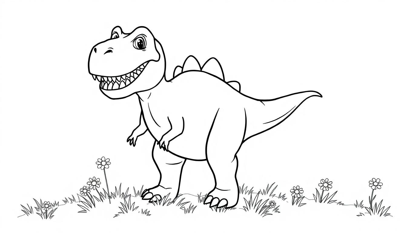 Schwarz-Weiß-Farbtafel eines freundlichen Tyrannosaurus Rex auf einer Wiese.