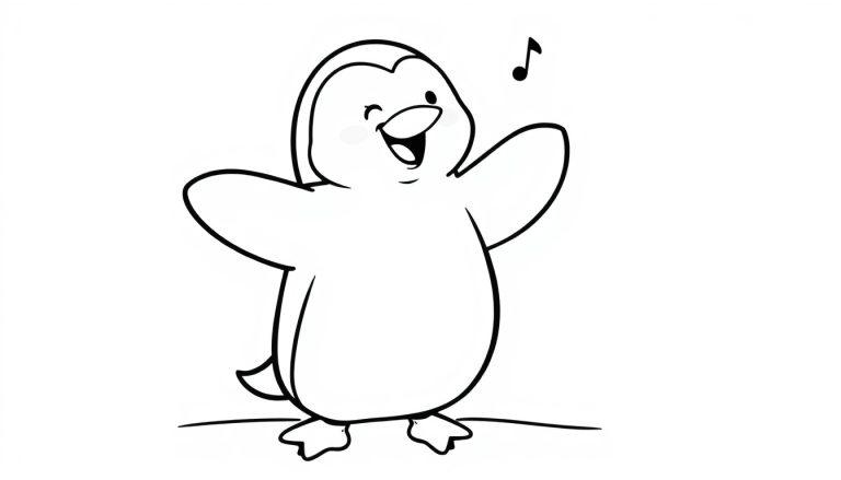 Eine Farbtafel eines singenden Pinguins mit ausgestreckten Flügeln und einer Musiknote über dem Kopf.