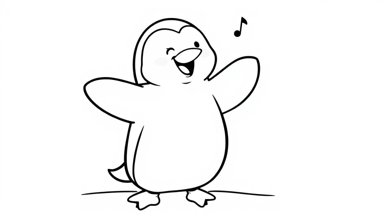Eine Farbtafel eines singenden Pinguins mit ausgestreckten Flügeln und einer Musiknote über dem Kopf.