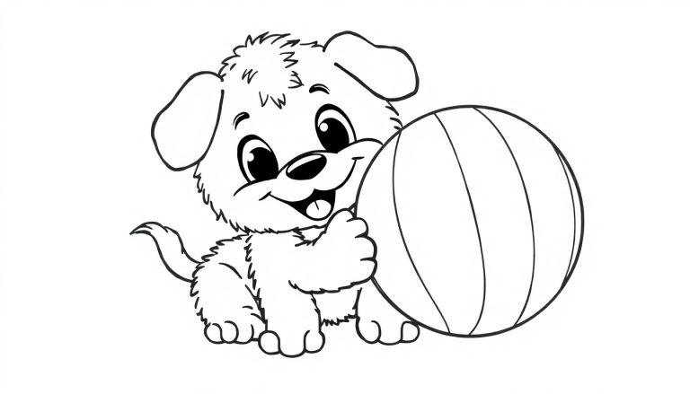 Ein süßer Hundewelpe mit großen Augen sitzt neben einem großen Ball und spielt. Schwarz-Weiß-Farbtafel.