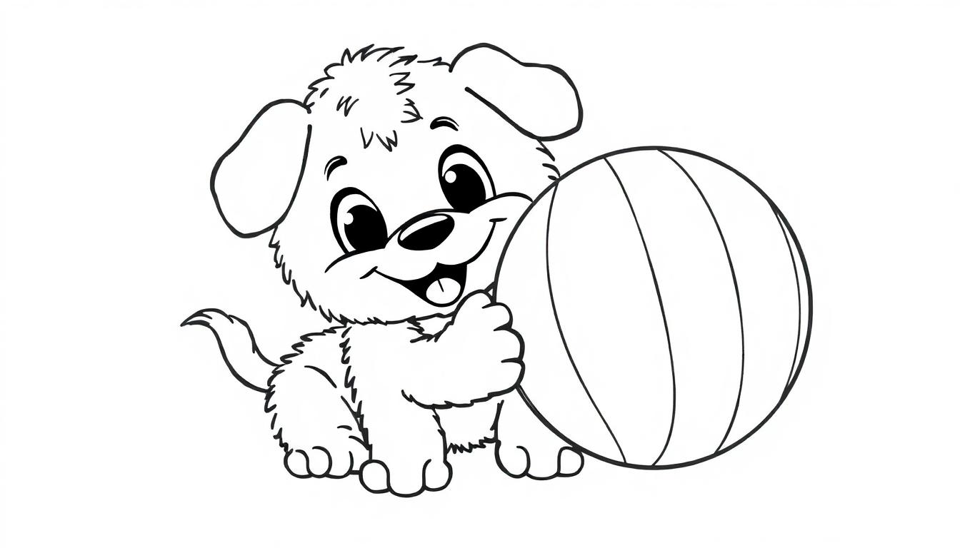 Ein süßer Hundewelpe mit großen Augen sitzt neben einem großen Ball und spielt. Schwarz-Weiß-Farbtafel.