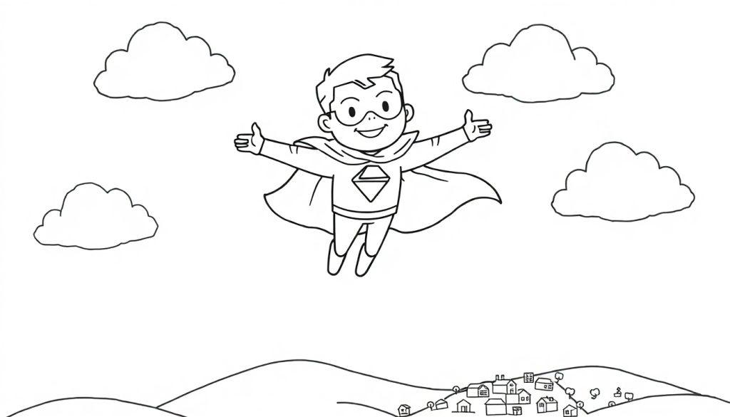 Schwarz-Weiß-Zeichnung eines lächelnden Superheldenjungen im Flug, Maske, Cape und Raute auf dem Hemd, vier Wolken über ihm, Hügel und Dorf darunter. Ideal zum Ausmalen.
