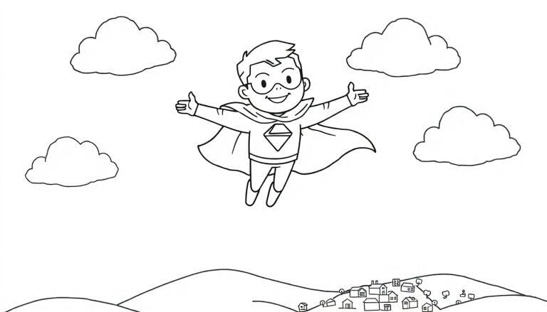 Schwarz-Weiß-Zeichnung eines lächelnden Superheldenjungen im Flug, Maske, Cape und Raute auf dem Hemd, vier Wolken über ihm, Hügel und Dorf darunter. Ideal zum Ausmalen.
