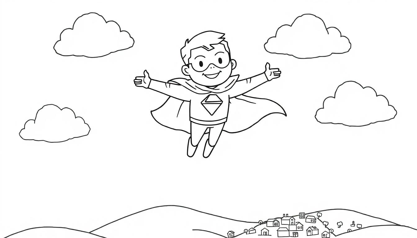 Schwarz-Weiß-Zeichnung eines lächelnden Superheldenjungen im Flug, Maske, Cape und Raute auf dem Hemd, vier Wolken über ihm, Hügel und Dorf darunter. Ideal zum Ausmalen.