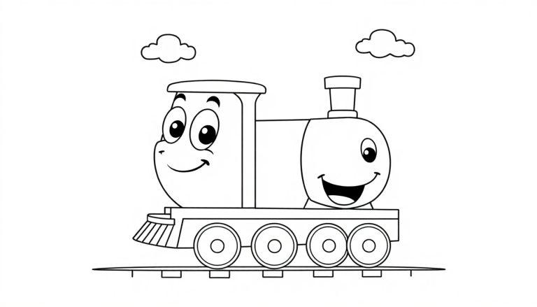 Eine fröhliche Cartoon-Dampflokomotive als Schwarz-Weiß-Farbtafel, bereit zum Ausmalen.