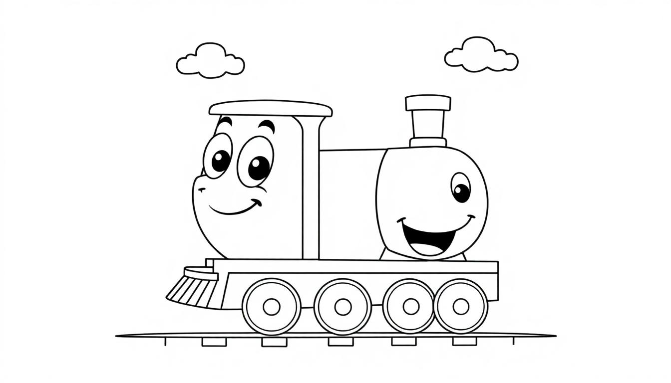 Eine fröhliche Cartoon-Dampflokomotive als Schwarz-Weiß-Farbtafel, bereit zum Ausmalen.