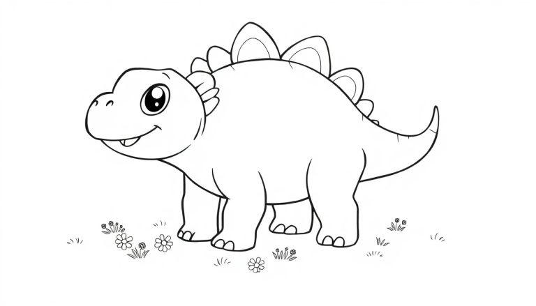 Eine niedliche Stegosaurus-Farbtafelzeichnung mit großen Augen und Rückenplatten.
